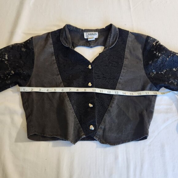 Banjo Dallas TX Women's Size Small Black Denim & Lace Long Sleeve Crop Top Goth - Picture 12 of 16